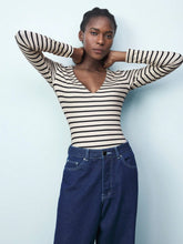 Maija Women's Striped V-Neck Long Sleeve Casual T-Shirt Bodysuit